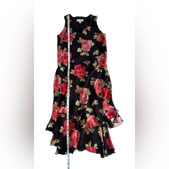 Vintage Petite Sophisticate Black Floral Midi Slip Dress Red Rose 6 Chiffon - Picture 9 of 10